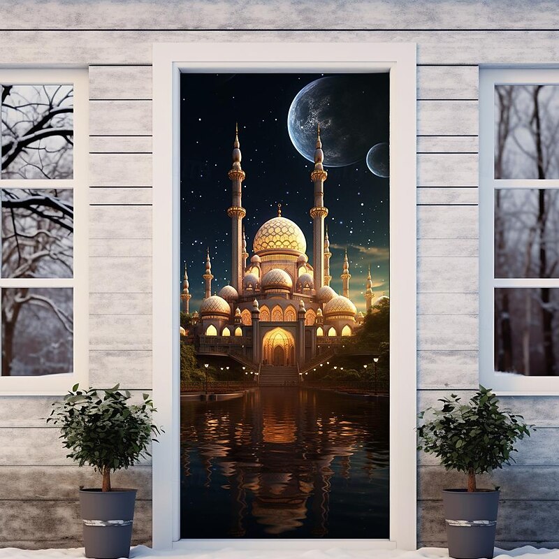 Ramadan Islam Mosque Door Covers Door Tapestry Door Curtain Decoration Backdrop Door Banner for Front Door Farmhouse Holiday Party Decor Supplies2