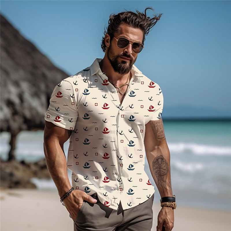 Men's Sailboat Shirt Summer Hawaiian Shirt Aloha Shirt Short Sleeve Shirt Vacation Fashion Hawaiian Outdoor Vacation Hawaiian White Blue Green S M L3