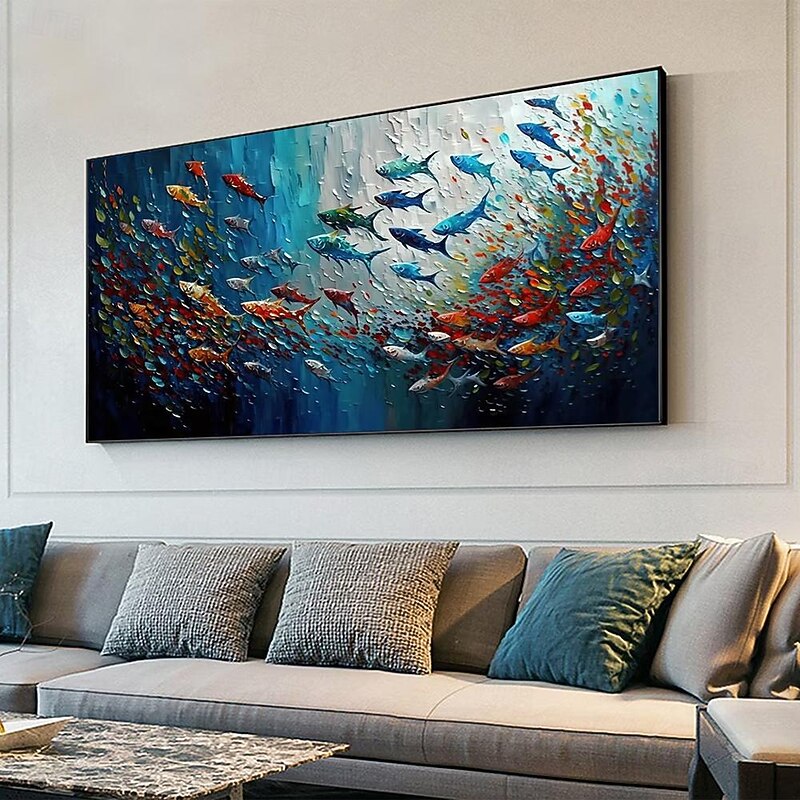 Mintura Handmade Abstract Fish School Oil Paintings On Canvas Wall Art Decoration Modern Picture For Home Decor Rolled Frameless Unstretched Painting3