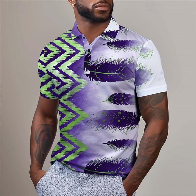 Men's Feathers Hawaiian Polo Shirts Golf Shirt Short Sleeve Polo Shirts Collared Shirts Beach Wear Vacation Wear Tropical Wear Party Outfits Buttons 3D Print Summer Red Blue Purple2