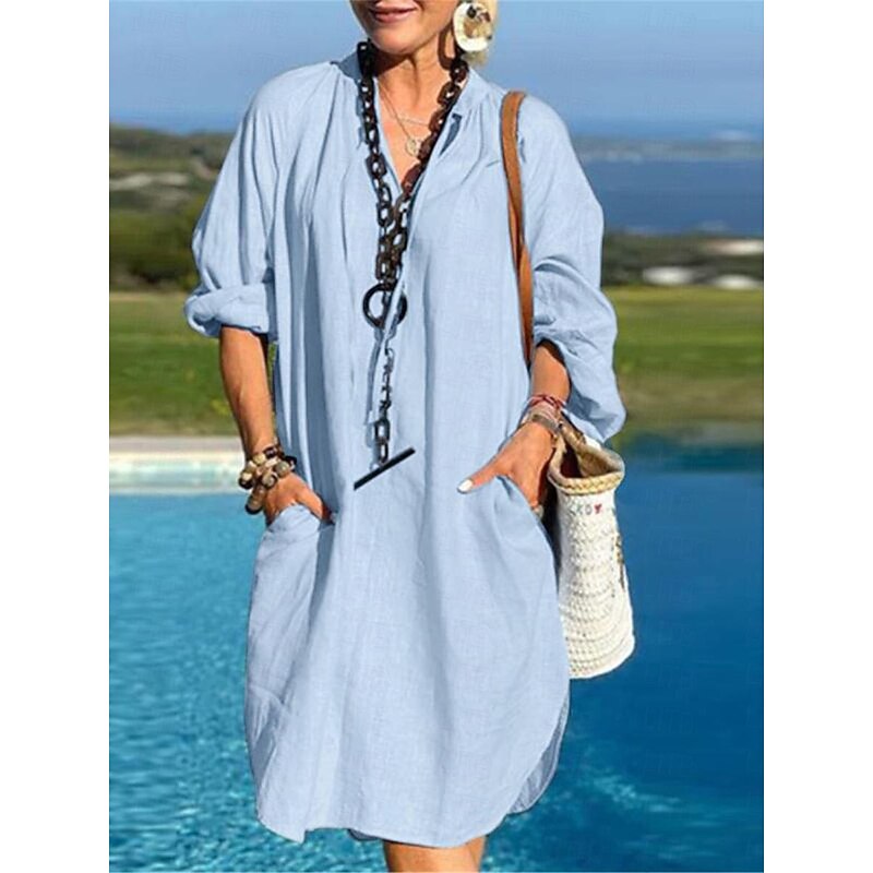 Women's Black Blue Brown Summer Spring Mini Dress Cotton Linen Dresses Shirt Dress Casual Dress Basic Modern Daily Weekend Loose Fit Plain Split Neck