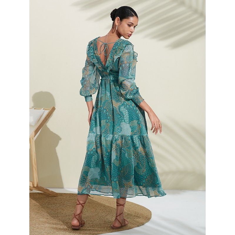 Women's Green Long Sleeve Lines / Waves Round Dots Polka dot print V Neck Puff Sleeve Elastic Waist Spring & Summer Spring and Summer Vacation Dress Elegant Dress Flying Dress Vacation Date Beach S M2