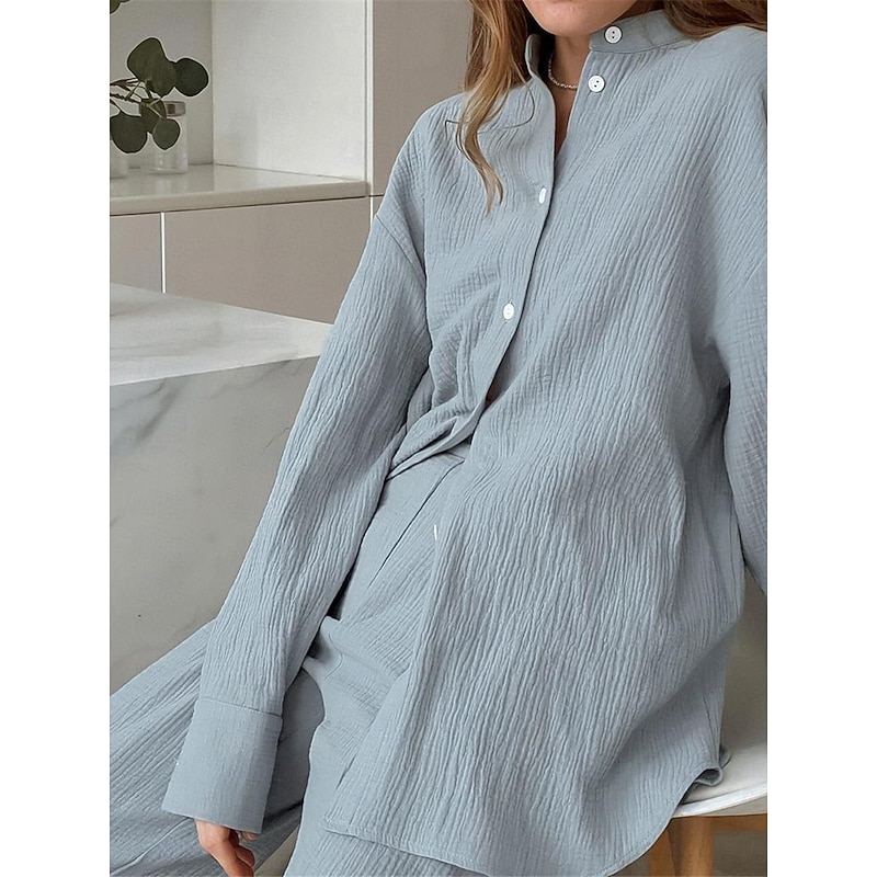 Women's Loungewear Sets Pure Color Simple Basic Street Daily Cotton And Linen Breathable Lapel Long Sleeve Shirt Pant Button Summer Spring Home Outfits2