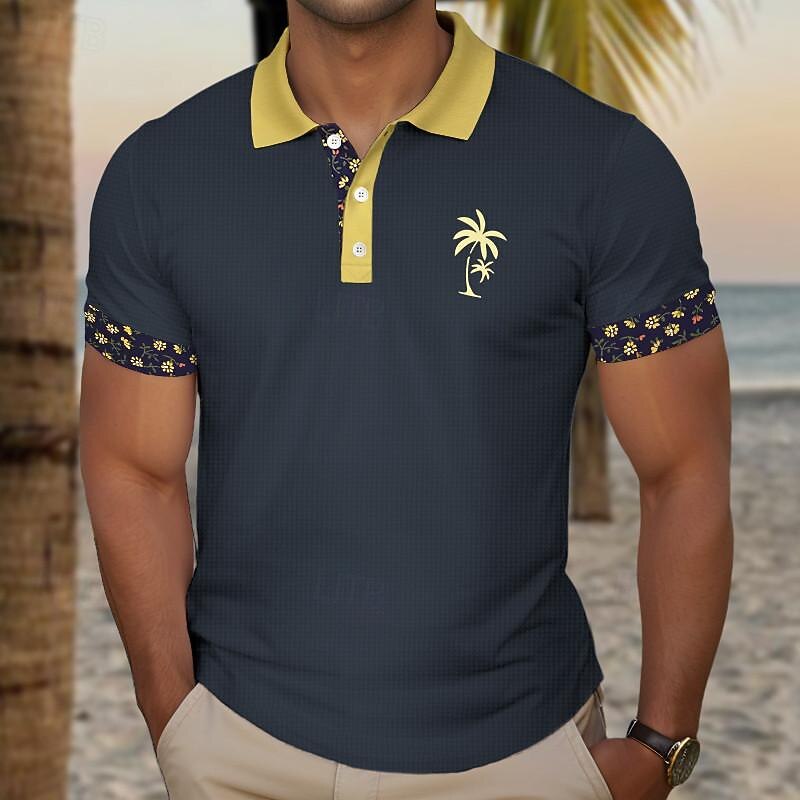 Kentucky Derby Men's Plaid Palm Tree Golf Shirt Short Sleeve Polo Shirts Collared Shirts Casual Beach Wear Vacation Wear Tropical Wear Party Outfits Buttons 3D Print Summer Black White Navy Blue2