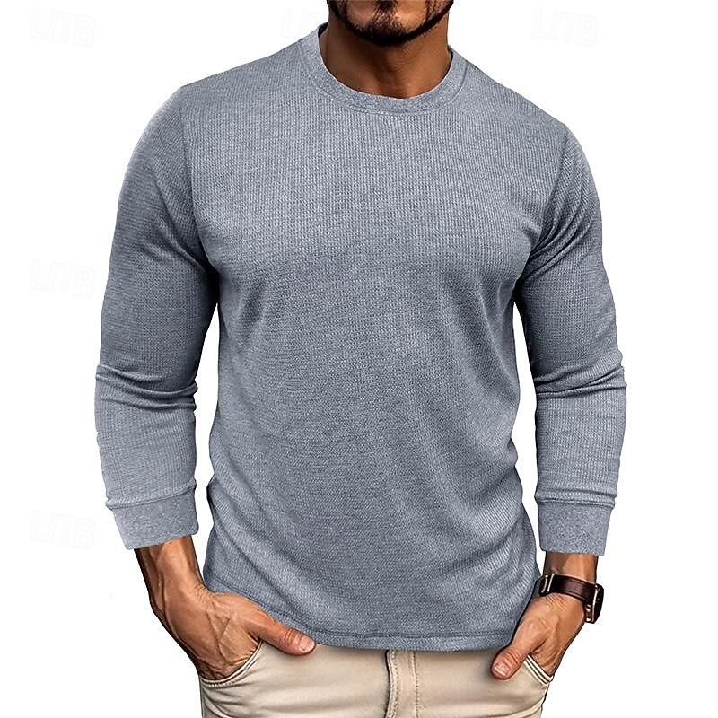 Men's Waffle Tee Waffle Shirt T Shirt Tee Long Sleeve Crew Neck Spring &  Fall Plain Fashion Designer Basic Knit Vacation Street Going out Black White Wine Top Tee for Men2