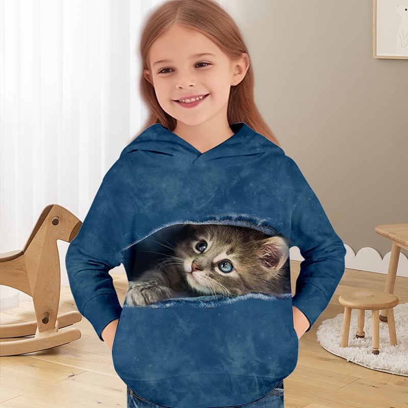 Girls' 3D Cat Hoodie Pullover Long Sleeve 3D Print Spring Fall Active Fashion Cute Kids 3-12 Years 4-12 Years Hooded Outdoor Casual Daily Regular Fit4