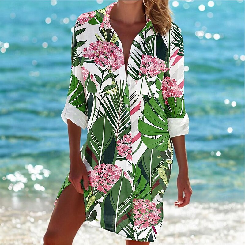 Women's Mini Dress Shirt Dress Hawaiian Shirts  Flowy  Vacation Beach Floral Buttons Print Long Sleeve Long  Shirt Collar Casual Holiday Beach Purple Green Summer Holiday Clothes Beach Wear