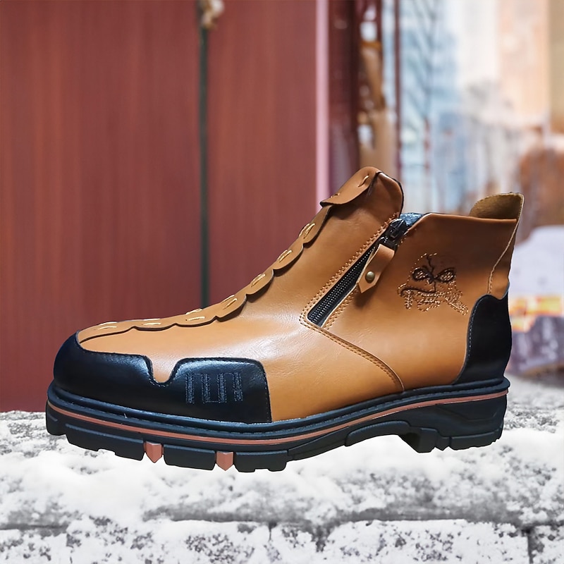 Men's Brown and Black Faux Leather Ankle Boots with Skull Design - Halloween-Themed Footwear with Side Zipper and Rugged Sole2