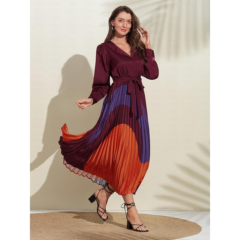 Women's Satin Dress Hem Maxi Purple Long Sleeve Geometic Buttons Tie Belt Spring V Neck Maxi Dress S M L3