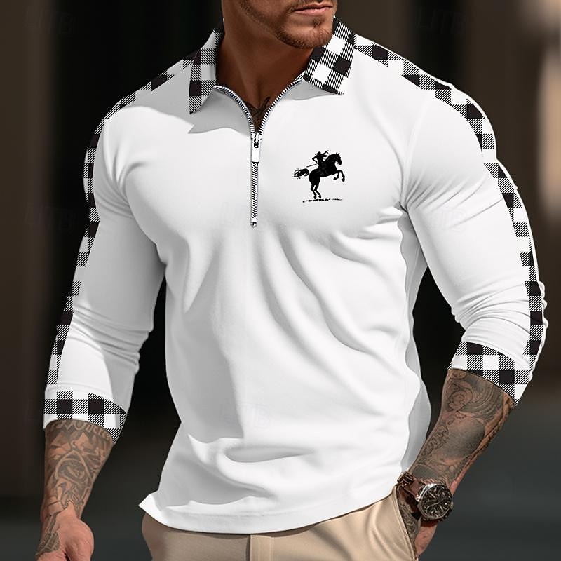 Men's Polo Shirt Quarter Zip Polo Daily Wear Vacation Lapel Long Sleeve Fashion Comfortable Plaid Color Block Embroidery Zip Up Spring &  Fall Regular Fit White Yellow Navy Blue Blue Polo Shirt