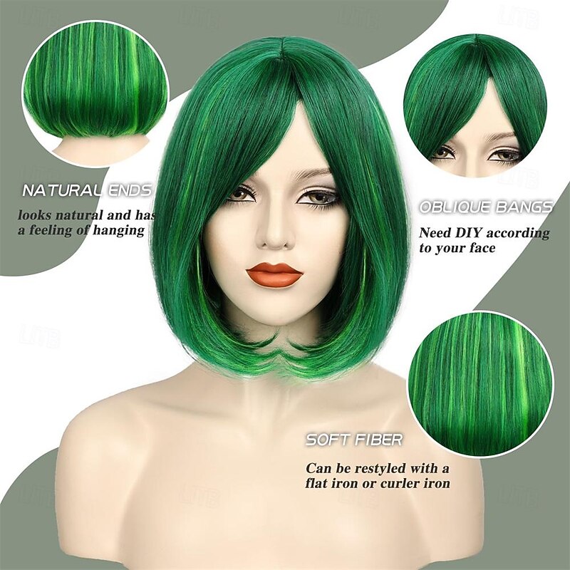 Green Bob Wigs for Women Short Bob Wig with Bangs 14 inch Straight Wigs Soft Synthetic Full Wigs for Daily Party St.Patrick's Day Wigs Halloween Wigs4