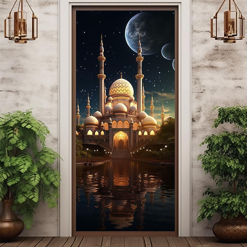 Ramadan Islam Mosque Door Covers Door Tapestry Door Curtain Decoration Backdrop Door Banner for Front Door Farmhouse Holiday Party Decor Supplies