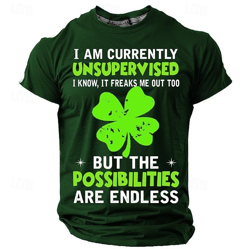 St. Patrick Men's Four Leaf Clover Shamrock I Am Currently Unsupervised I Know It Freaks Me out Too Lucky Irish T Shirt T shirt Tee Short Sleeve T shirt 3D Print Crew Neck Shirt Daily Designer Retro