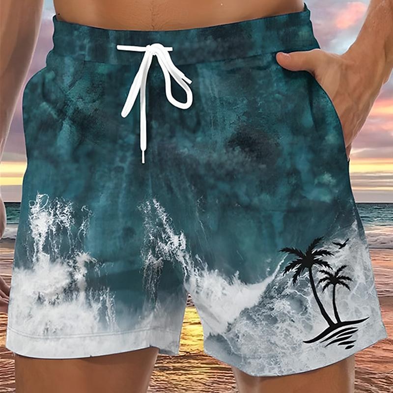 Men's Coconut Tree Waves Swim Trunks Swim Shorts Board Shorts Mid Waist Hawaiian Casual Holiday Beach Drawstring with Mesh lining Elastic Waist Designer Clothing Apparel