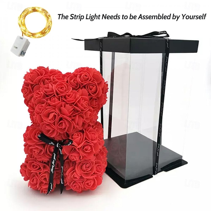Rose Bear Artificial Foam Flowers with LED Light & Plastic Gift Box- Perfect Romantic Gift for Mother's Day, Anniversary, Wedding, Birthday, Thanksgiving, and Christmas 25cm/10inch2