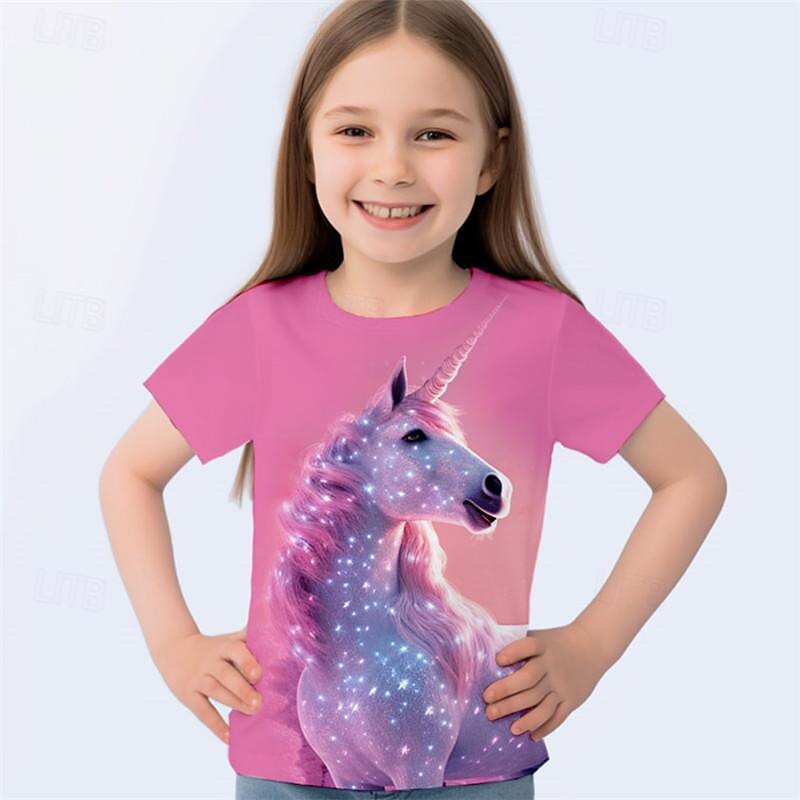 Girls' 3D Unicorn Tee Shirt Pink Short Sleeve 3D Print Summer Active Fashion Cute Polyester Kids 3-12 Years Crew Neck Outdoor Casual Daily Regular Fit4