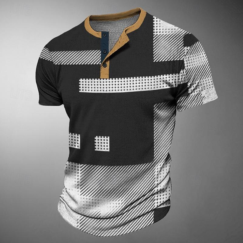 Geometry Men's Business Casual 3D Print Waffle Henley T Shirt Tee Casual Daily T shirt Black Blue Brown Short Sleeve Henley Shirt Spring & Summer Clothing Apparel S M L XL 2XL 3XL
