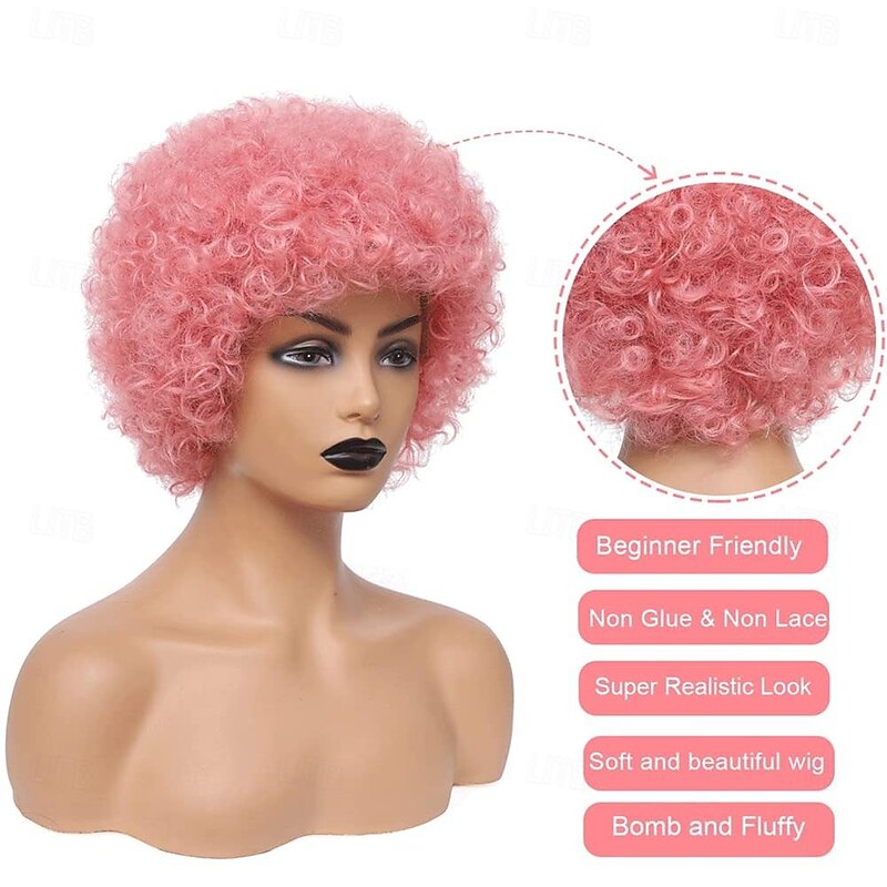 Afro Curly Wigs for Black Women 8 Inch Short Curly Wig with Bangs Heat Resistant Synthetic Pink Wigs for Black Women Natural Looking Afro Kinky Curly Wig for Daily Party Cosplay Use Halloween Wigs4