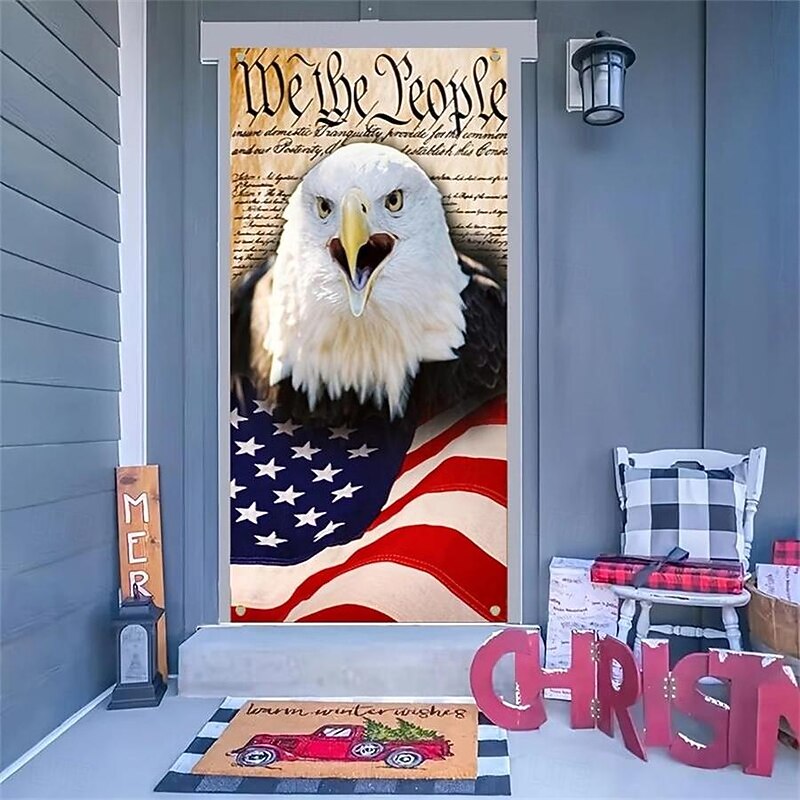 4th of July American Eagal Door Covers Independence Day Door Tapestry Door Curtain Decoration Backdrop Door Banner for Front Door Farmhouse Holiday Party Decor Supplies4