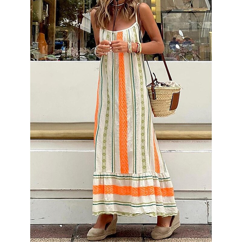 Women's Casual Dress Stripe Backless Print Strap Long Dress Maxi Dress Bohemia Vacation Sleeveless Summer2