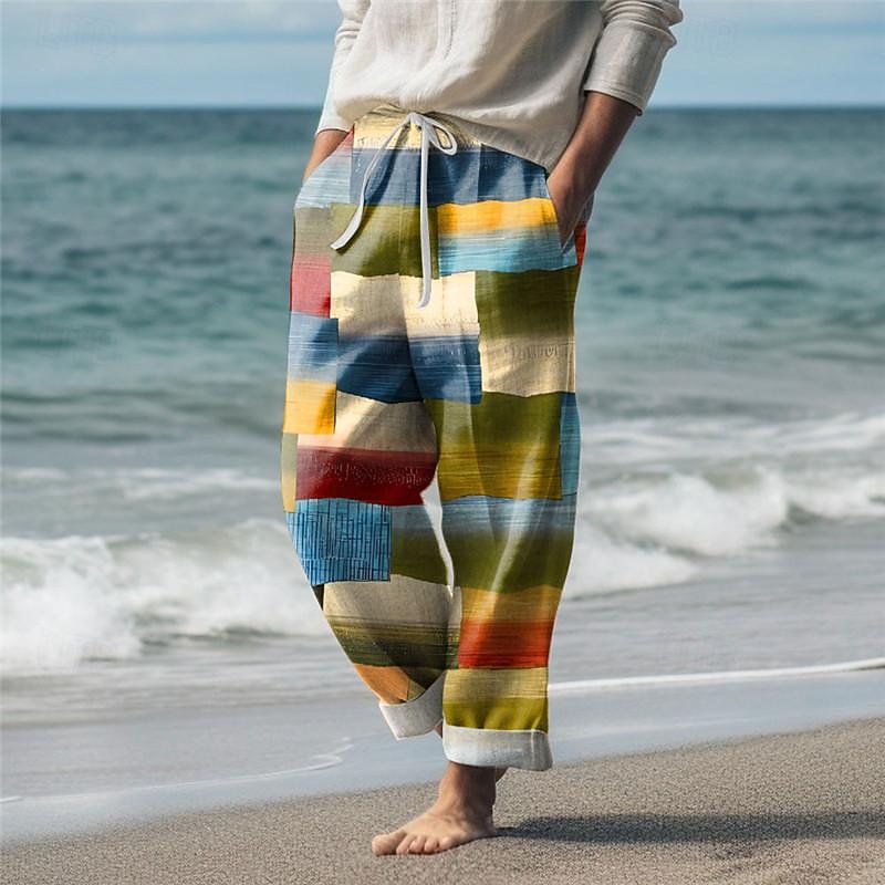 Color Block Plaid Men's Resort 3D Printed Casual Pants Trousers Elastic Waist Drawstring Loose Fit Straight-Leg Summer Beach Pants S TO 3XL