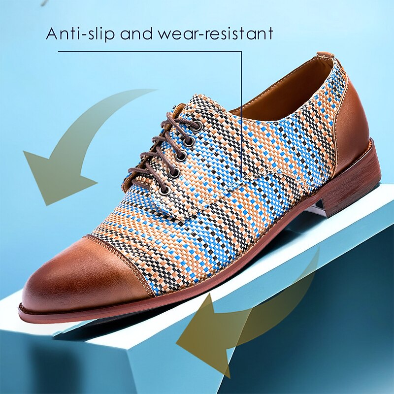 Men's Multicolor Woven Oxford Shoes – Leather Cap Toe Lace-Up Dress Shoes for Formal and Casual Wear 8