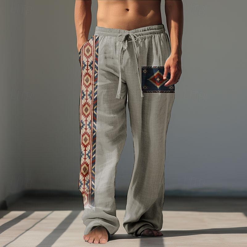 Men's Tribal Argyle Linen Pants Pants Trousers Baggy Pants Mid Waist Vintage Outdoor Daily Wear Streetwear Fall & Winter Green Khaki Gray3