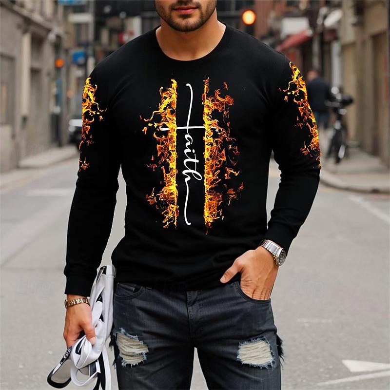 Men's Graphic Hellfire Flames Flame Faith T Shirt Long Sleeve T shirt 3D Print Crew Neck Shirt Fashion Designer Casual Sports Outdoor Holiday Going out Blue Purple Orange Spring &  Fall Clothing
