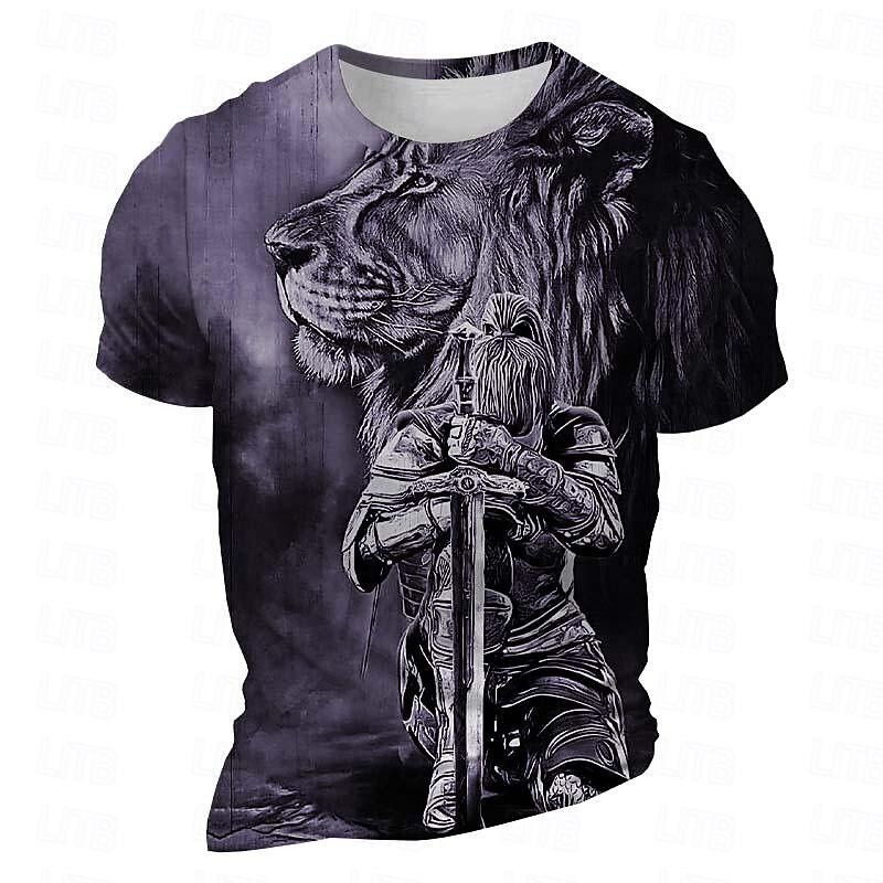 Men's Graphic Lion Knights Templar Gothic Horror T Shirt Short Sleeve T shirt 3D Print Crew Neck Shirt Gothic Subculture Sports Outdoor Holiday Going out Burgundy Blue Purple Spring & Summer Clothing3
