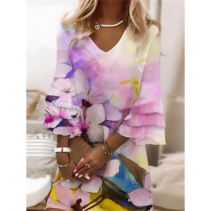 Women's Mini Dress Casual Dress Semi Formal Dress Petite Dress Sundress Streetwear Ruffle Sleeve Vacation Street Date Regular Fit Floral 3/4 Length Sleeve V Neck White Pink Blue Purple3