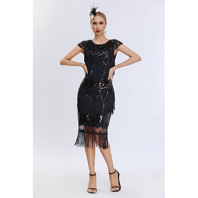 Retro Vintage Roaring 20s 1920s Midi Flapper Dress Dress The Great Gatsby Flapper Girl Wedding Guest Sequins Tassel Fringe Sequin Round Neck Fancy Dress Women's Performance Wedding Wedding Guest4