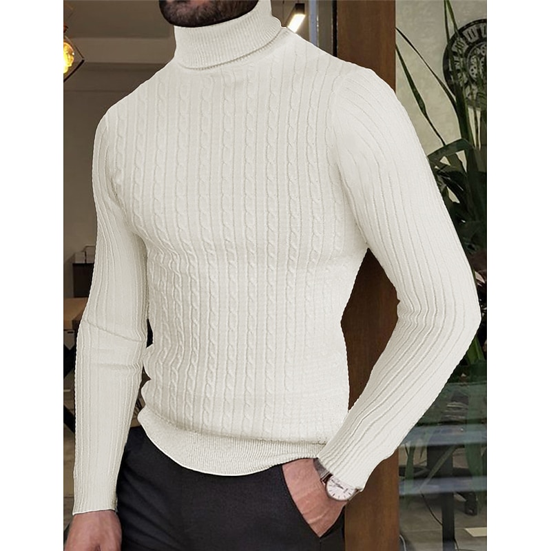 Men's Turtleneck Sweater Sweater Mens Turtle Neck Jumper Pullover Ribbed Cable Knit Knitted Plain Turtleneck Keep Warm Modern Contemporary Daily Wear Going out Clothing Apparel Fall & Winter Wine