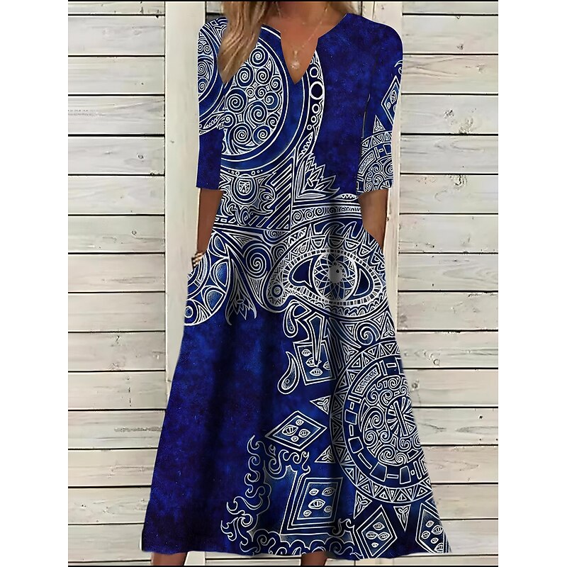 Women's Midi Dress Ethnic Dress Summer Dress Print Dress Vintage Ethnic Tribal Outdoor Daily Date Regular Fit Floral Tribal Half Sleeve Split Neck Black Summer Spring2
