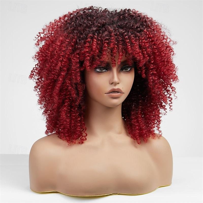 Red Curly Wigs for Black Women Red Kinky Curly Wig with Bangs 14 Inch Synthetic Afro Curly Wig for Daily Use Halloween Wigs2