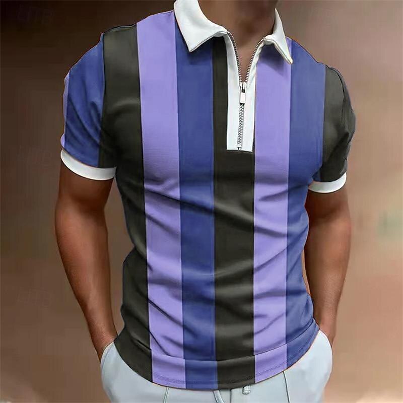 Men's Striped Zip Polo Shirts Golf Shirt Short Sleeve Polo Shirts Collared Shirts Business Casual WorkWear Formal Wear Festival Wear 3D Print Quarter Zip Polo Summer Yellow Blue Purple4