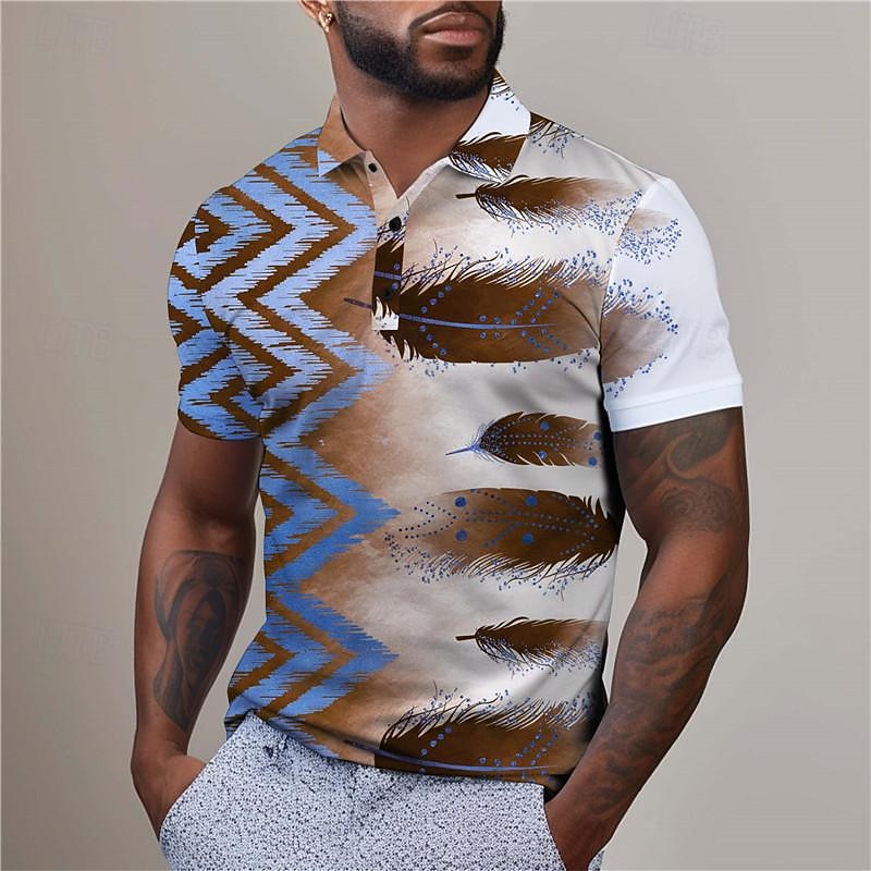 Men's Feathers Hawaiian Polo Shirts Golf Shirt Short Sleeve Polo Shirts Collared Shirts Beach Wear Vacation Wear Tropical Wear Party Outfits Buttons 3D Print Summer Red Blue Purple4