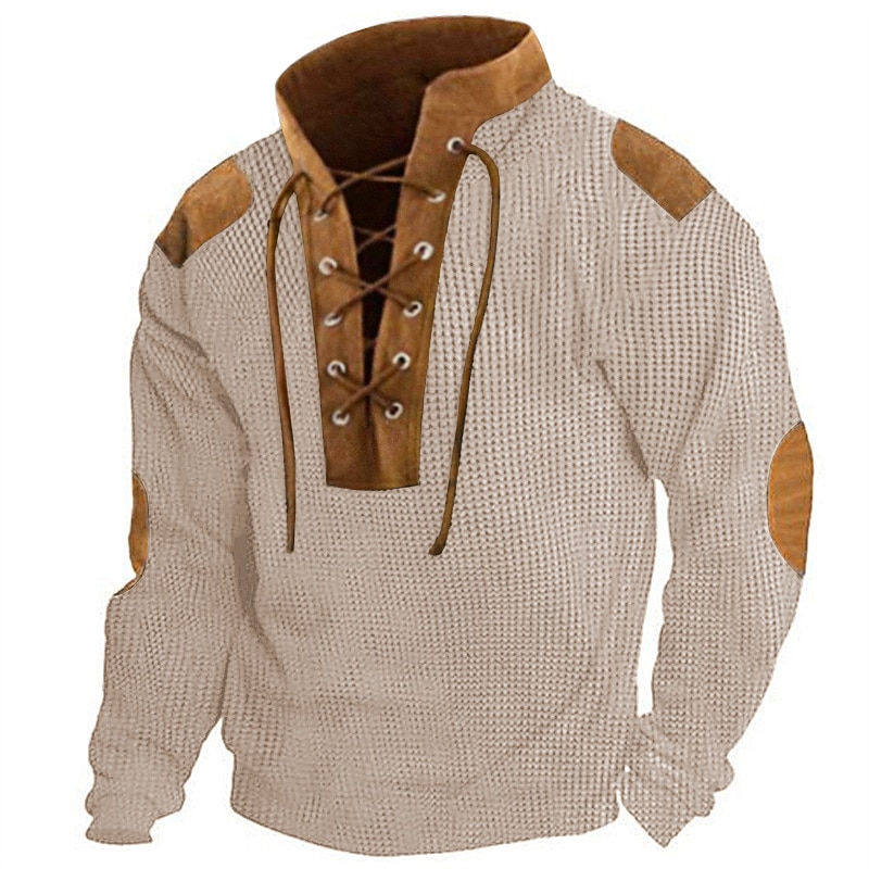 Men's T Shirt Henley Shirt Waffle Knit Tee Tee Top Long Sleeve Shirt Long Sleeve Color Block Fashion Designer Basic Patchwork Stand Collar Vacation Street Going out Spring &  Fall Black Khaki Dark