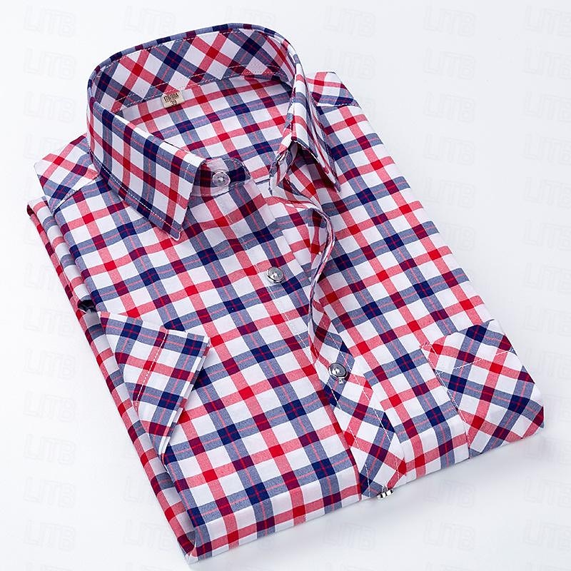 Men's Dress Shirt Plaid Shirt Collared Shirt Button Up Shirt Plaid / Check Wedding Casual White Red Blue Orange Short Sleeve Turndown Summer Spring Clothing Apparel