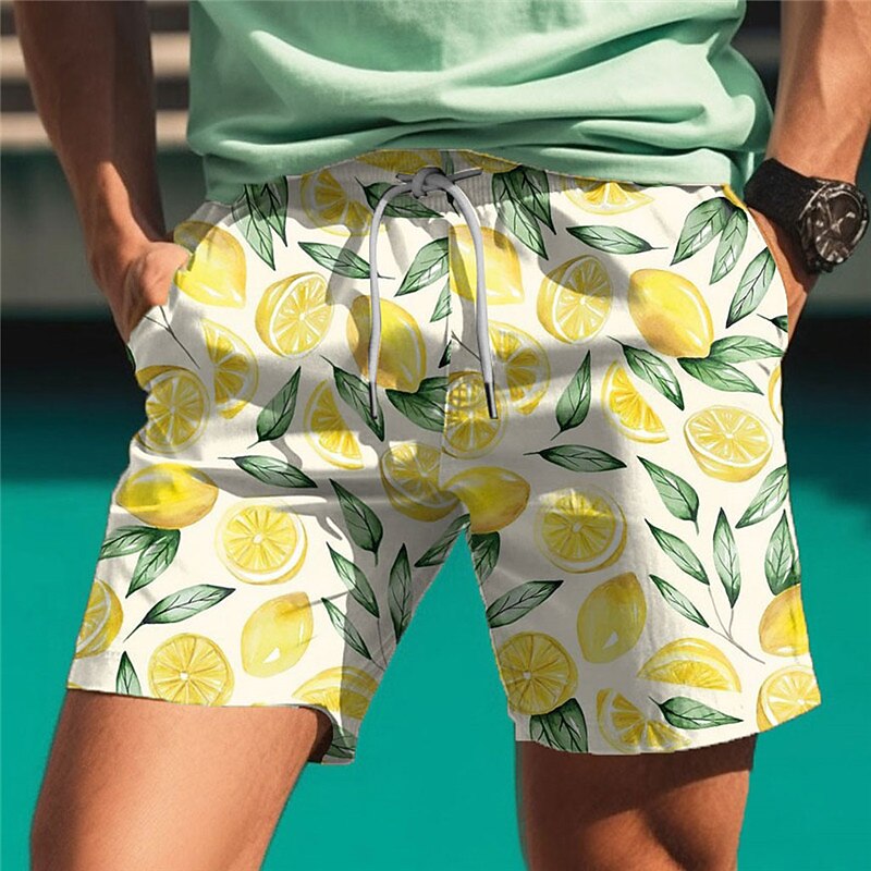 Men's Fruit Lemon 3D Print Swim Trunks Swim Shorts Board Shorts Mid Waist Hawaiian Casual Holiday Beach Drawstring with Mesh lining Elastic Waist Designer Clothing Apparel