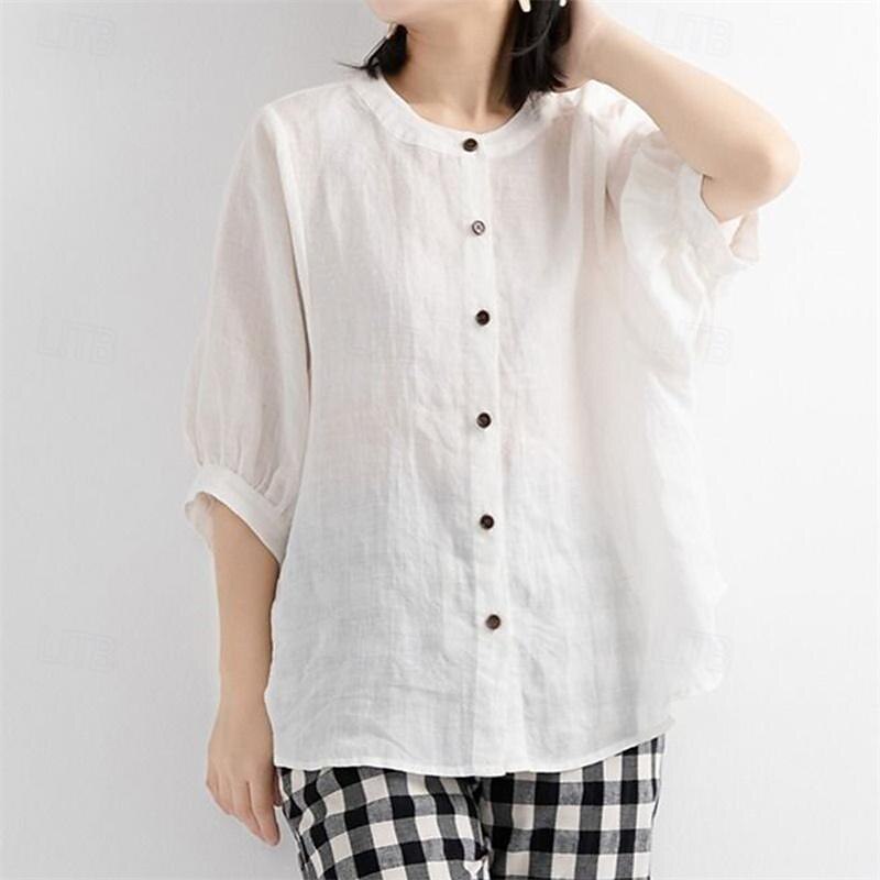 Cotton Linen Shirts Linen Shirt Button Up Long Cotton Top Women's Black White Yellow Solid Color Buttons Street Daily Fashion Shirt Collar Cotton Linen Regular Fit M