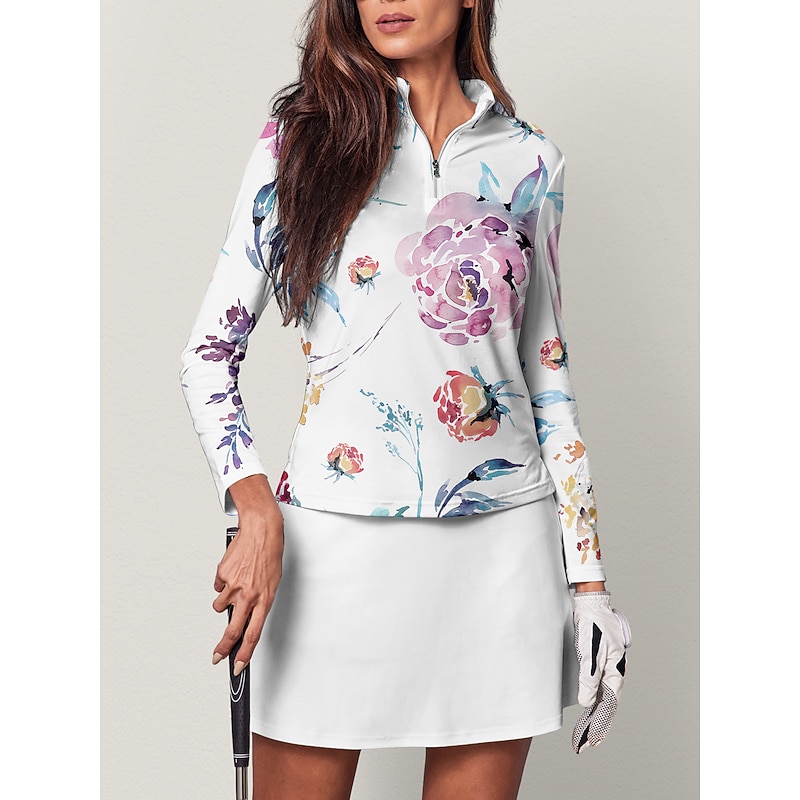 Women's Golf Polo Shirt Pink Long Sleeve Sun Protection Top Floral Fall Winter Ladies Golf Attire Clothes Outfits Wear Apparel