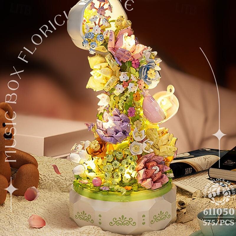 Women's Day Gifts Building Blocks Flower Art Tea Language Lighting Music Box And Assembled Building Block Toys Mother's Day Gifts for MoM