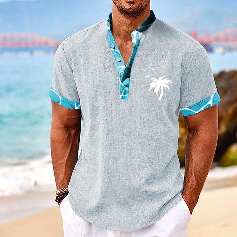 Men's Coconut Palm Tropical Plants Shirt Summer Shirt Summer Hawaiian Shirt Short Sleeve Shirt Stand Collar Henley Collar Hawaiian Resort Vacation Holiday Going out Light Blue White Green S M L2