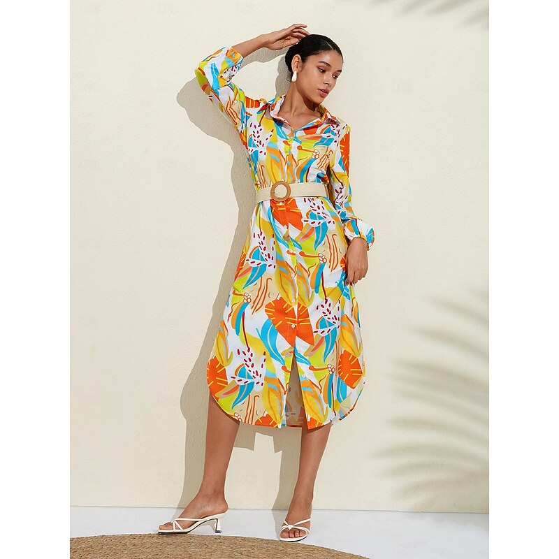 Floral Print V Neck Midi Shirt Dress3
