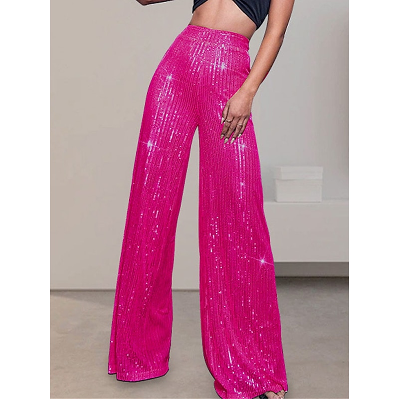 Women's Wide Leg Pants Trousers Sparkly Pants Elegant Fashion Sparkle Full Length High Waist Plain Sequins Comfy Micro-elastic Party Street Party & Evening claret M beige Pink gold Black Summer Spring3
