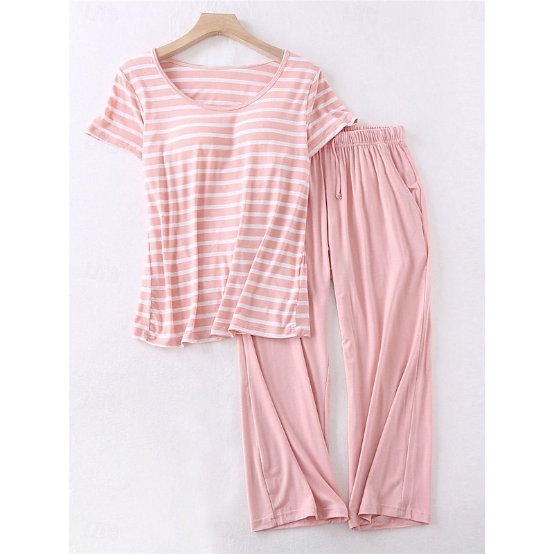 Women's Pajamas Sets Stripe Fashion Comfort Home Daily Bed Modal Breathable Crew Neck Short Sleeve T shirt Tee Pant Elastic Waist Chest pads Summer Home Outfits2
