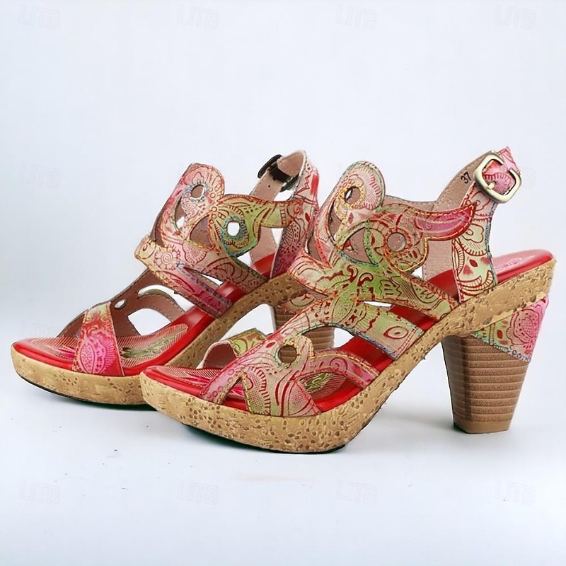 Women's Heels Sandals Handmade Shoes Vintage Shoes Party Daily Beach Floral Cone Heel Fantasy Heel Elegant Bohemia Vintage Leather Buckle Red Blue Brown3