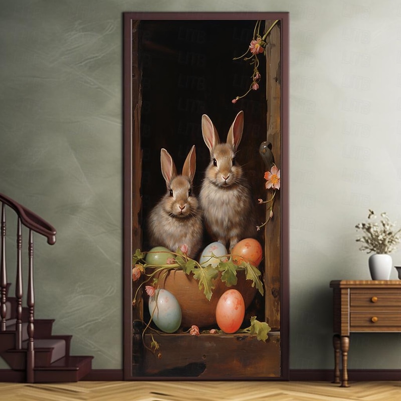 Door Covers Door Decorations Bunny Eggs Mural Decor Door Tapestry Door Curtain Backdrop Door Banner Removable for Front Door Indoor Outdoor Home Room Decoration Farmhouse Decor Supplies3