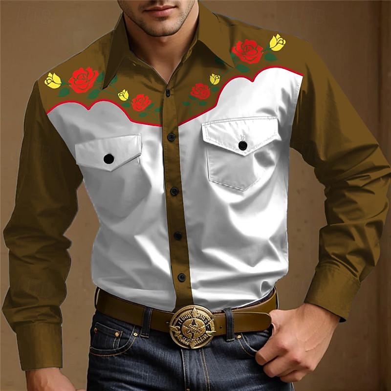 Men's Rose Western Shirt Button Up Shirt Cowboy Shirt Long Sleeve Vintage Western Daily Wear Going out Weekend Spring Fall Winter Turndown Collared Shirts 3D Print Front Pocket Burgundy Dark Navy2