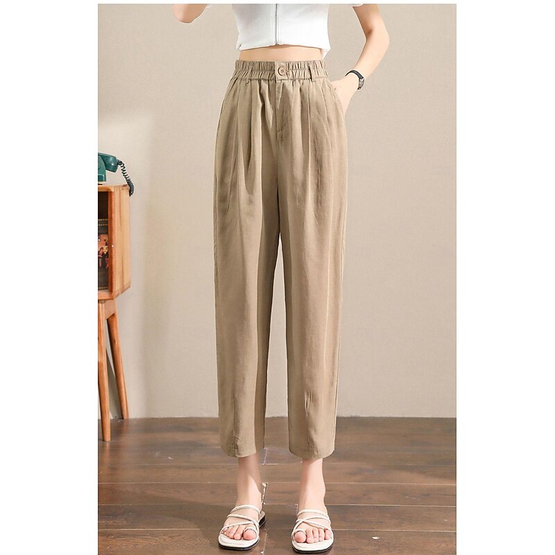 Women's Linen Pants Pants Trousers Fashion Ankle-Length Plain Side Pockets Elastic Waistband Breathability Comfortable Inelastic Casual Daily Black White Army Green Royal Blue Spring & Summer
